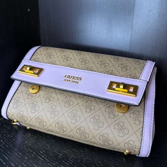 GUESS Katey Flap Shoulder Bag Lilac Rare Quilted Purse Crossbody Lavender Cream - Picture 12 of 15